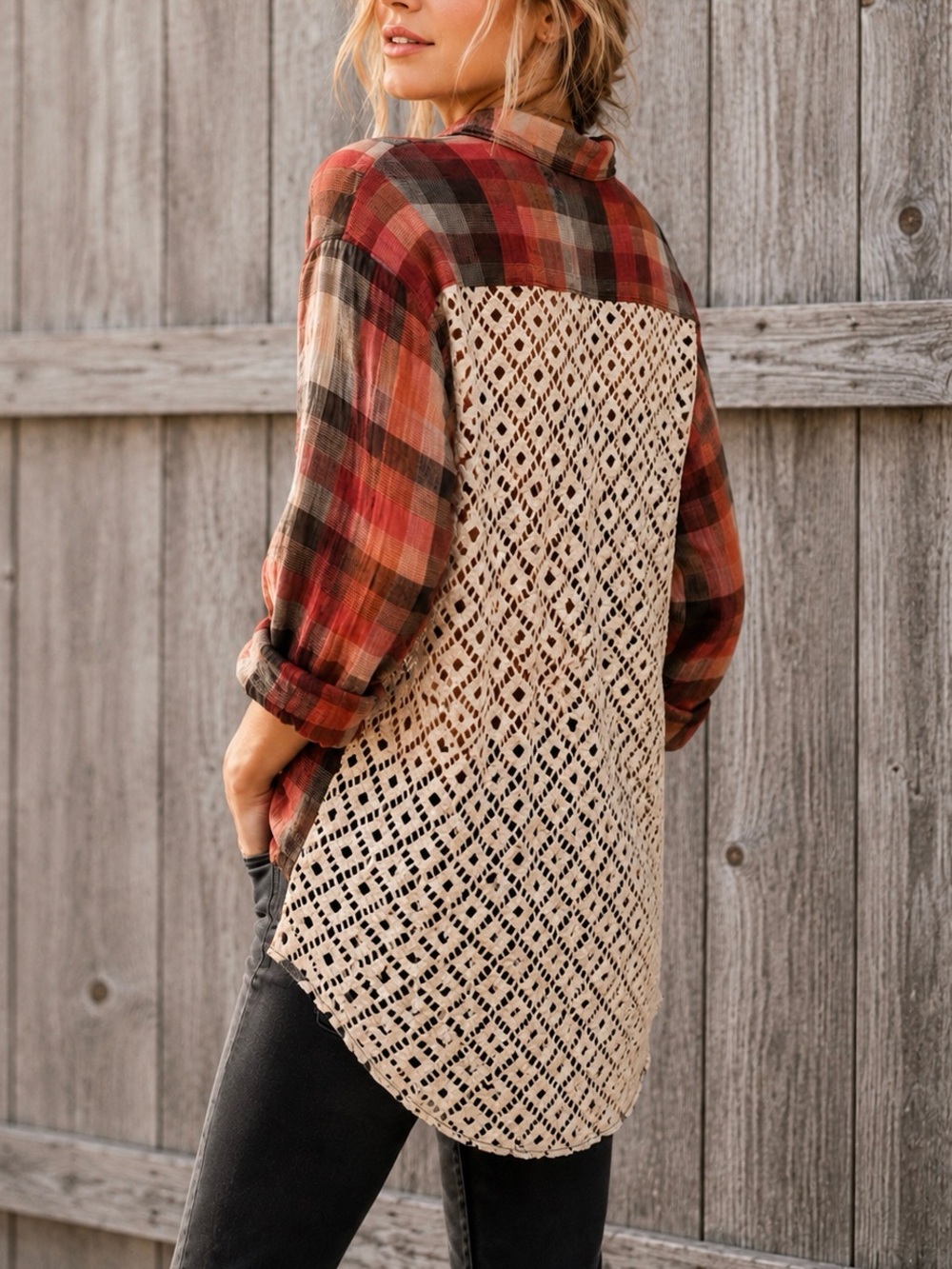 Free People We The Free Plaid Crochet Back Hi-Low Button Down Shirt Small